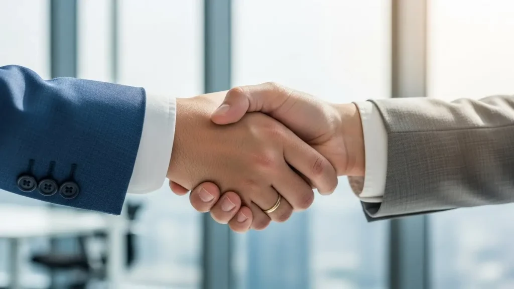 aperto de mãos representando parceria empresarial e terceirização de serviços